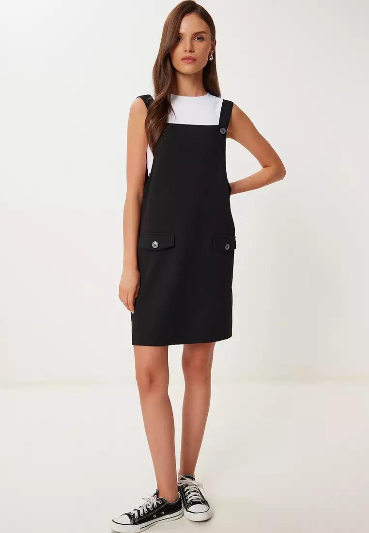 Women's Black Mini Woven Salopet Dress Mx00208