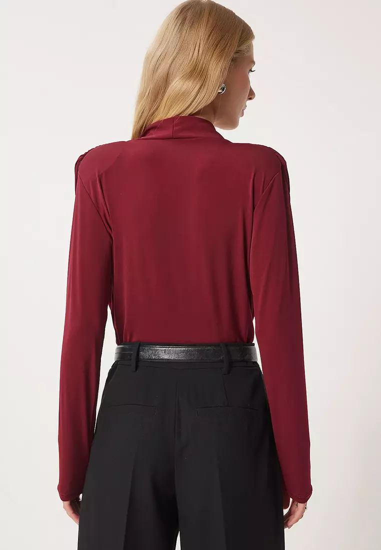 Women's Claret Red Wrap Collar Padded Snap Sandy Blouse Zh00039