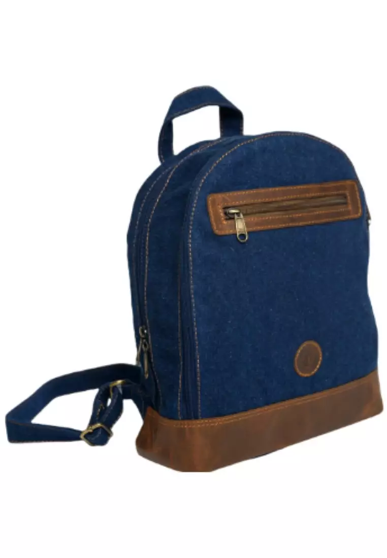 Small Backpack for Girls Boys Kids Teens - Blue Canvas Leather Backpack-Denim backpack - BK2 Blue