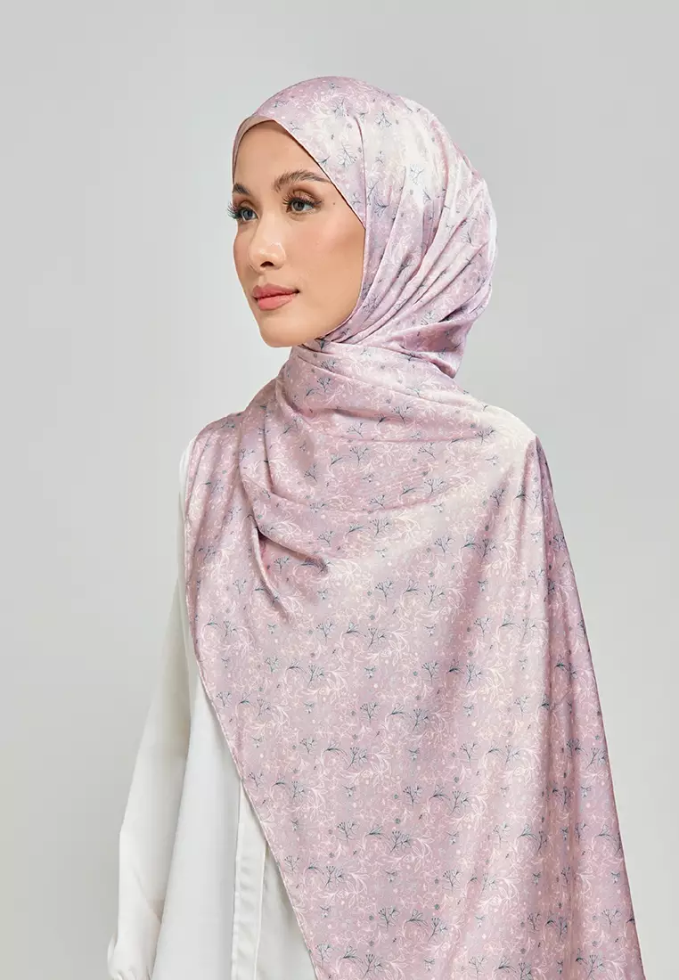 Canting Printed Satin Silk Scarf in Rose Pink