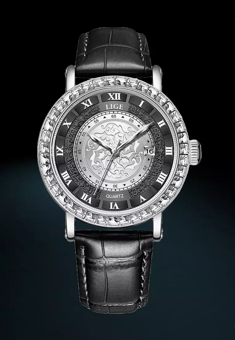 Unisex Quartz Watch, Crystal Paved 42mm watch case, Leather Strap