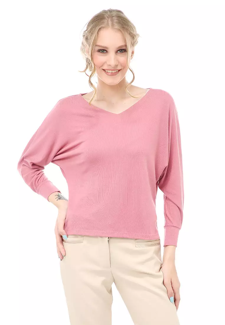 Genevie Shirt Kaos Atasan Kasual Wanita Lengan Panjang Kupu-kupu Material Cotton ORIGINAL - Pink