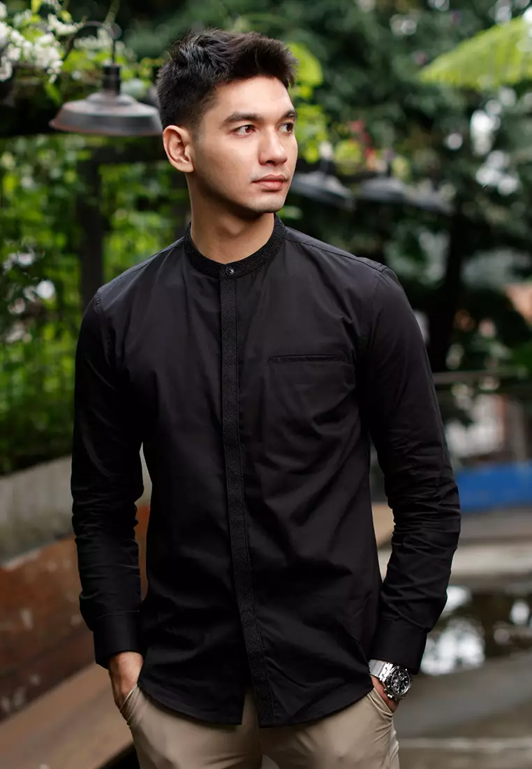 OXCON Kemeja Tangan Panjang koko bordir embrodiery collarless shirt Black