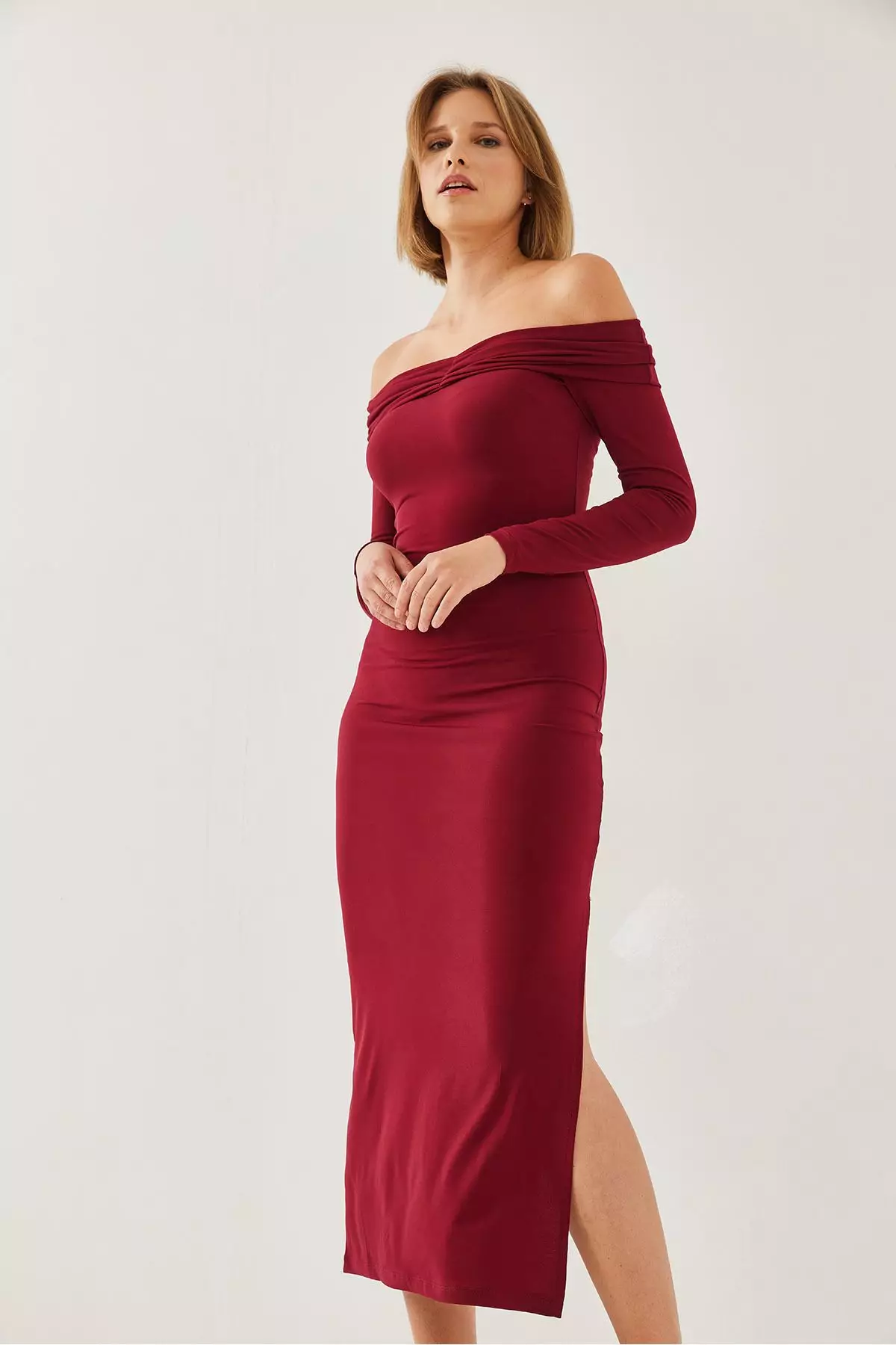 Women's Drape Detailed Madonna Collar Slit Dress 391 60251885