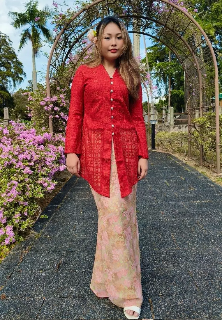 Loveaisyah Red Checkered Lace Kebaya Top & Floral Chiffon Skirt Hari Raya