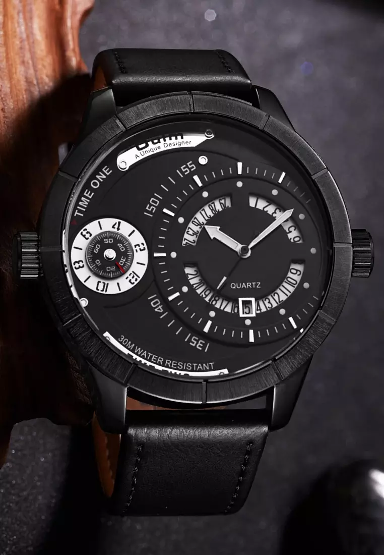 Very Large Men's Quartz Watch - 52x52mm - IP Black Steel case, Black Dial, Black Strap