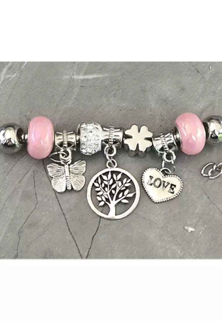 Accessories Wanita Tree Heart Pomora Charm Bracelet Gelang Wanita Silver, Pink