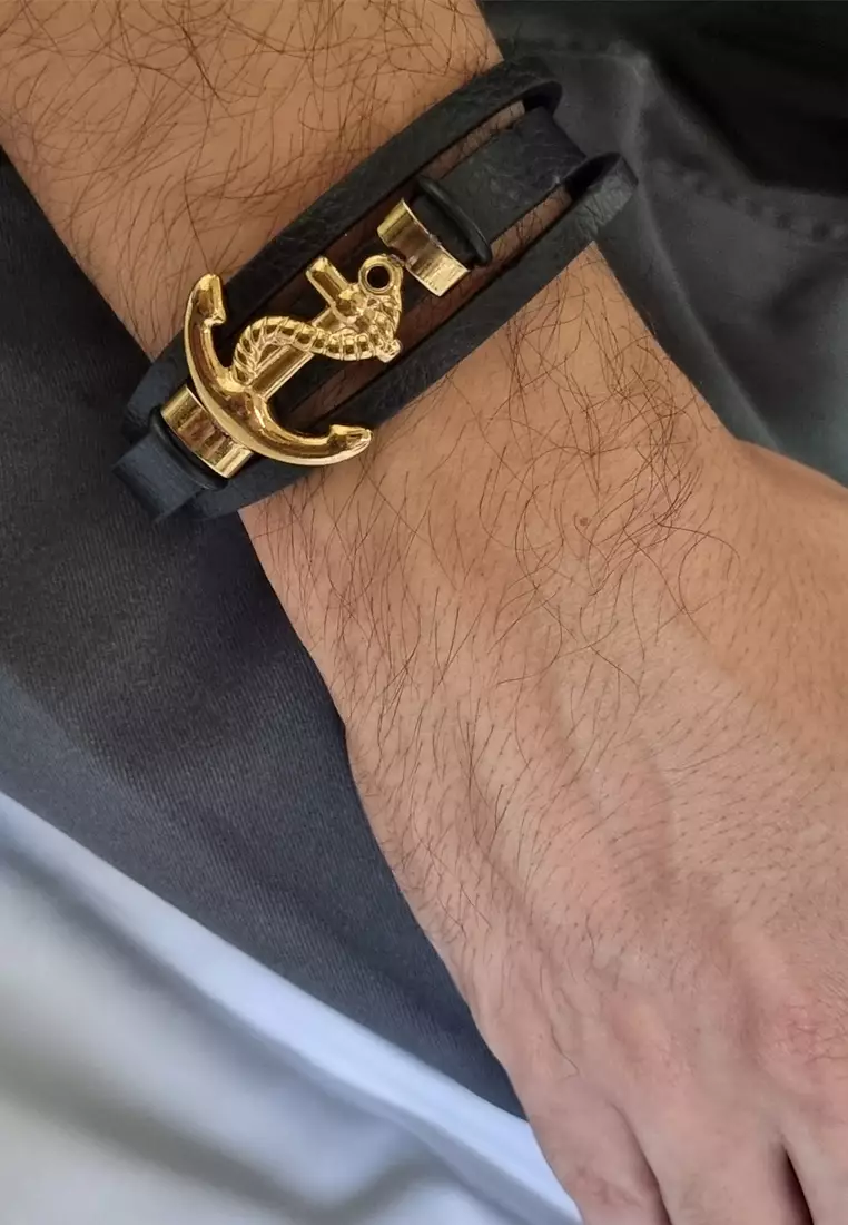 Accessories Pria Anchor Classic Charm Leather Bracelet Gelang Pria Black & Gold
