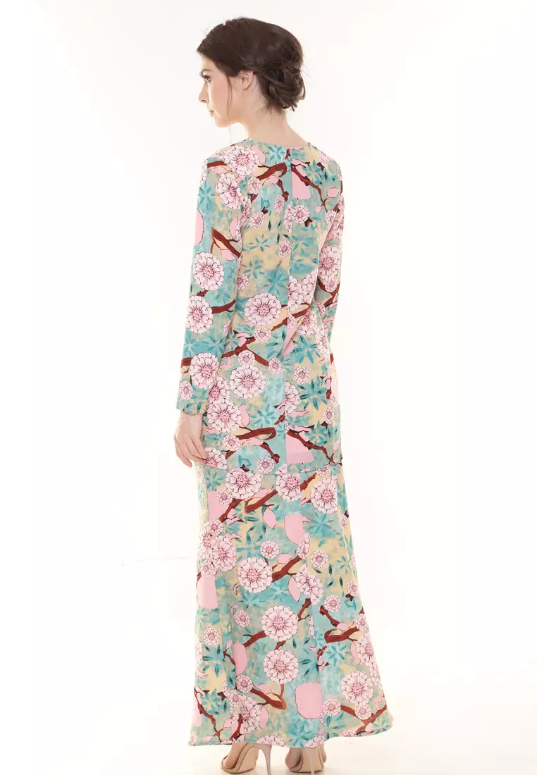 Rina Printed Kurung Mint Pink Flower