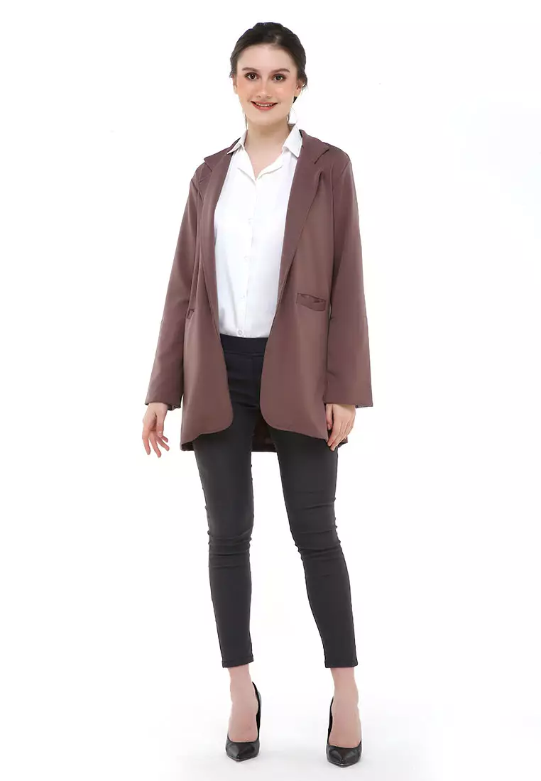 Qemsya Blazer Wanita Two Pockets Two Tone Casual Longsleeve Outer Material Bubbly Strecth ORIGINAL - Dark Brown