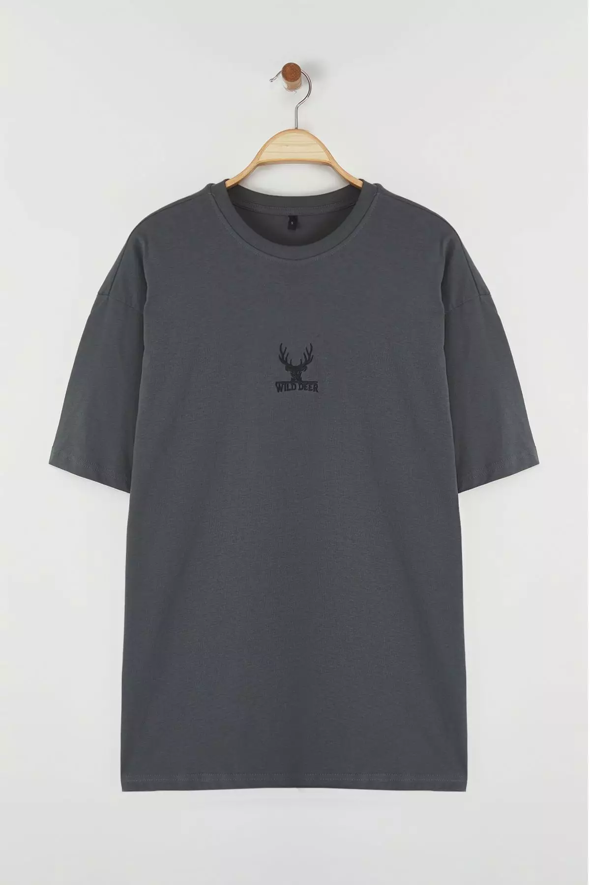 Anthracite Oversize/Wide Cut Deer Embroidered 100% T-Shirt TMNSS24TS00055