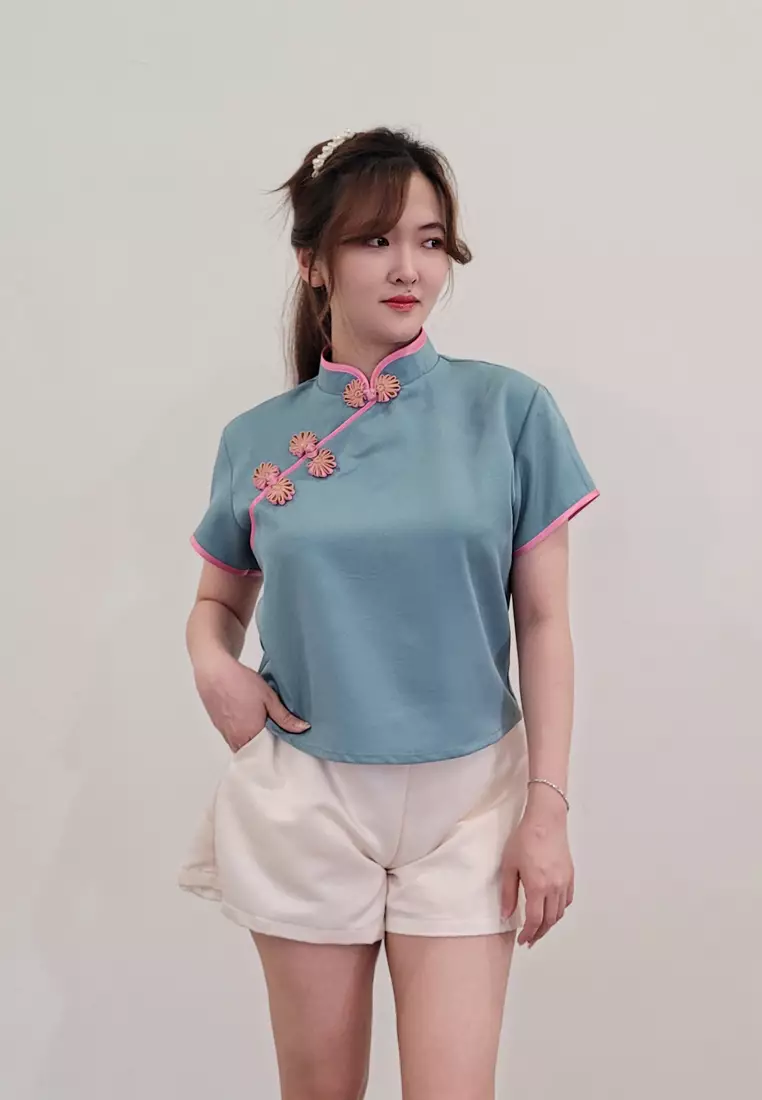 Ivory Cheongsam Top in Mint Green