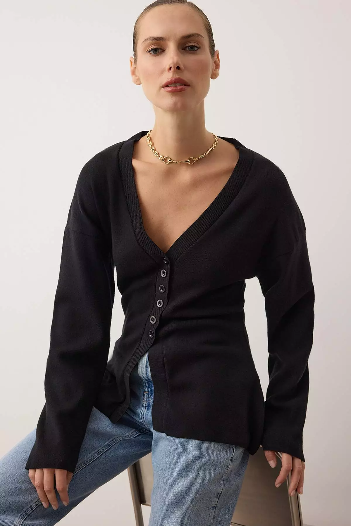 Black V-Neck Mercerized Look Premium Yarn/Special Yarn Knitwear Cardigan Twoaw26Hi79