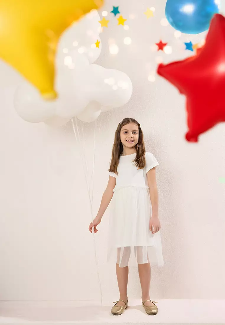 Ecru Cotton Girl's Basic Short Sleeve Mini Tutu Eid Woven Dress Tkdss25El00075