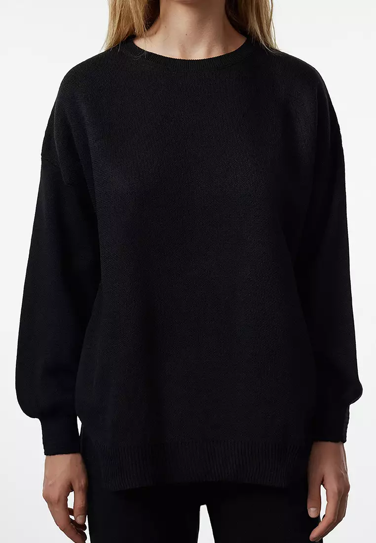 Black Wide Pattern Balloon Sleeve Knitwear Top-Bottom Set TWOAW24AU00067