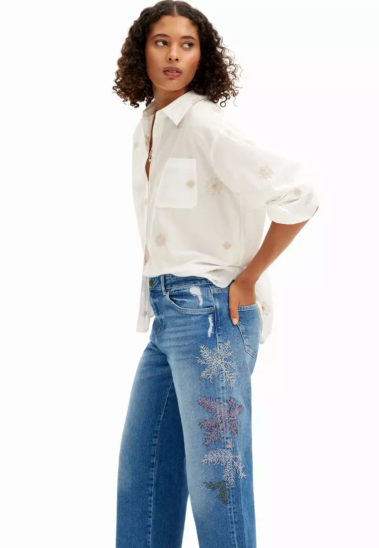 Desigual Damen Hose Casual – Regular Fit Mit Tropischem Blätter-Muster