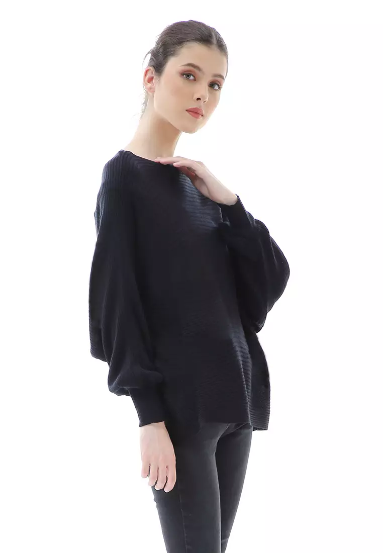 Eveline Sweater Rajut Batwing Atasan Wanita Motif Polos High Quality - Hitam