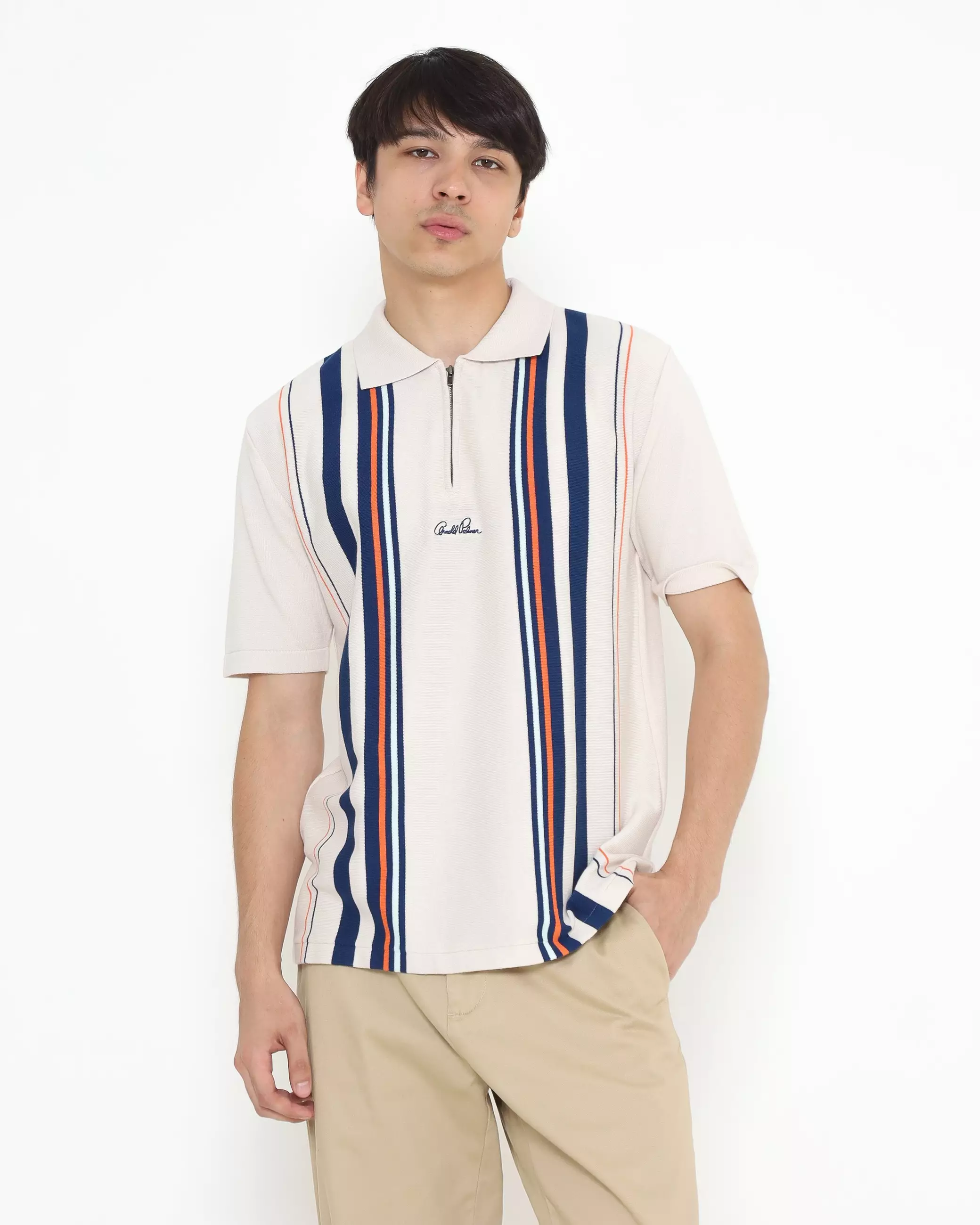 SHORT SLEEVE KNITTED ZIPPER POLO SHIRT CREAM