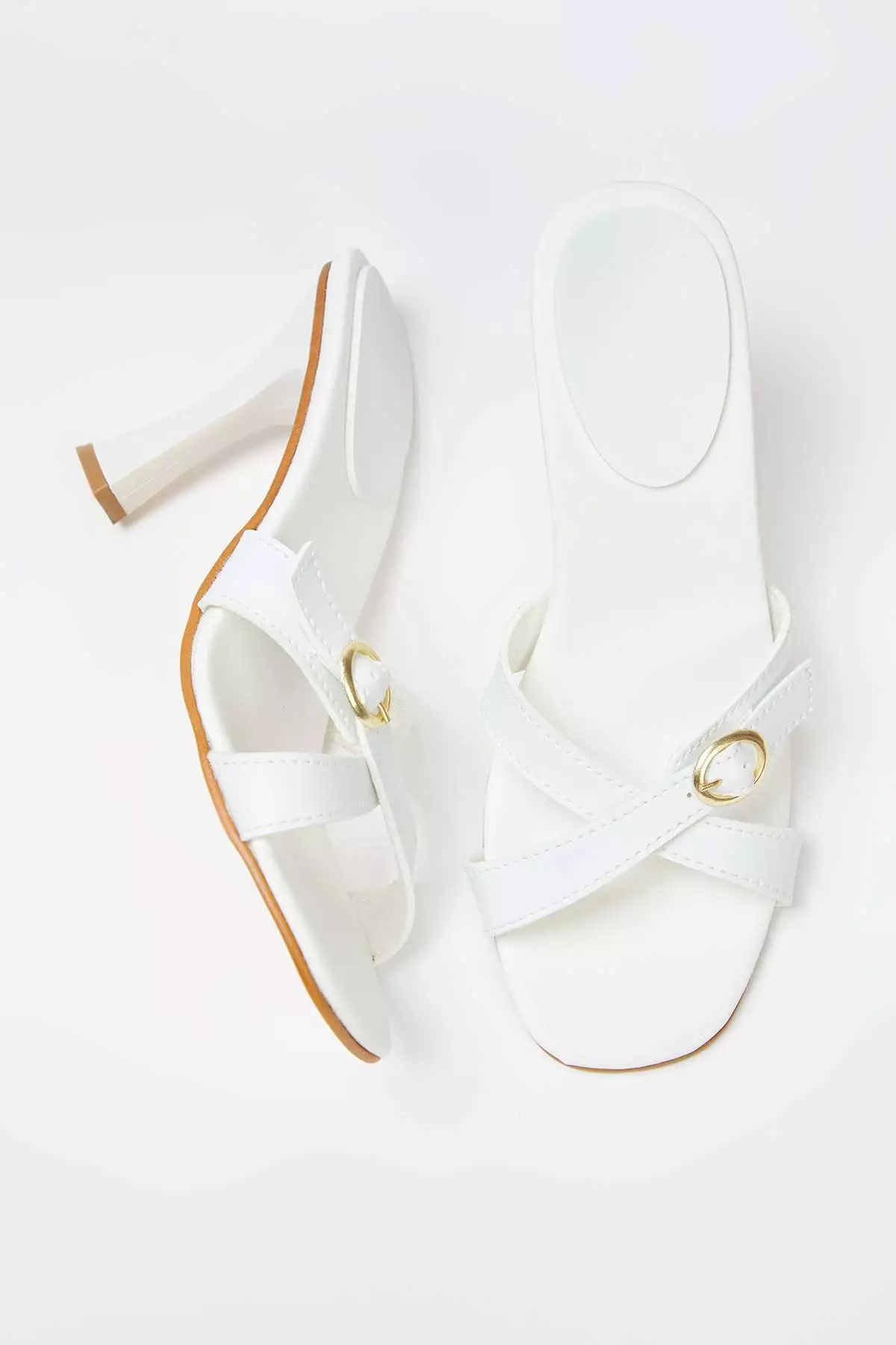 White Gold Buckle Square Toe Women Heels Slippers Takss25To00035