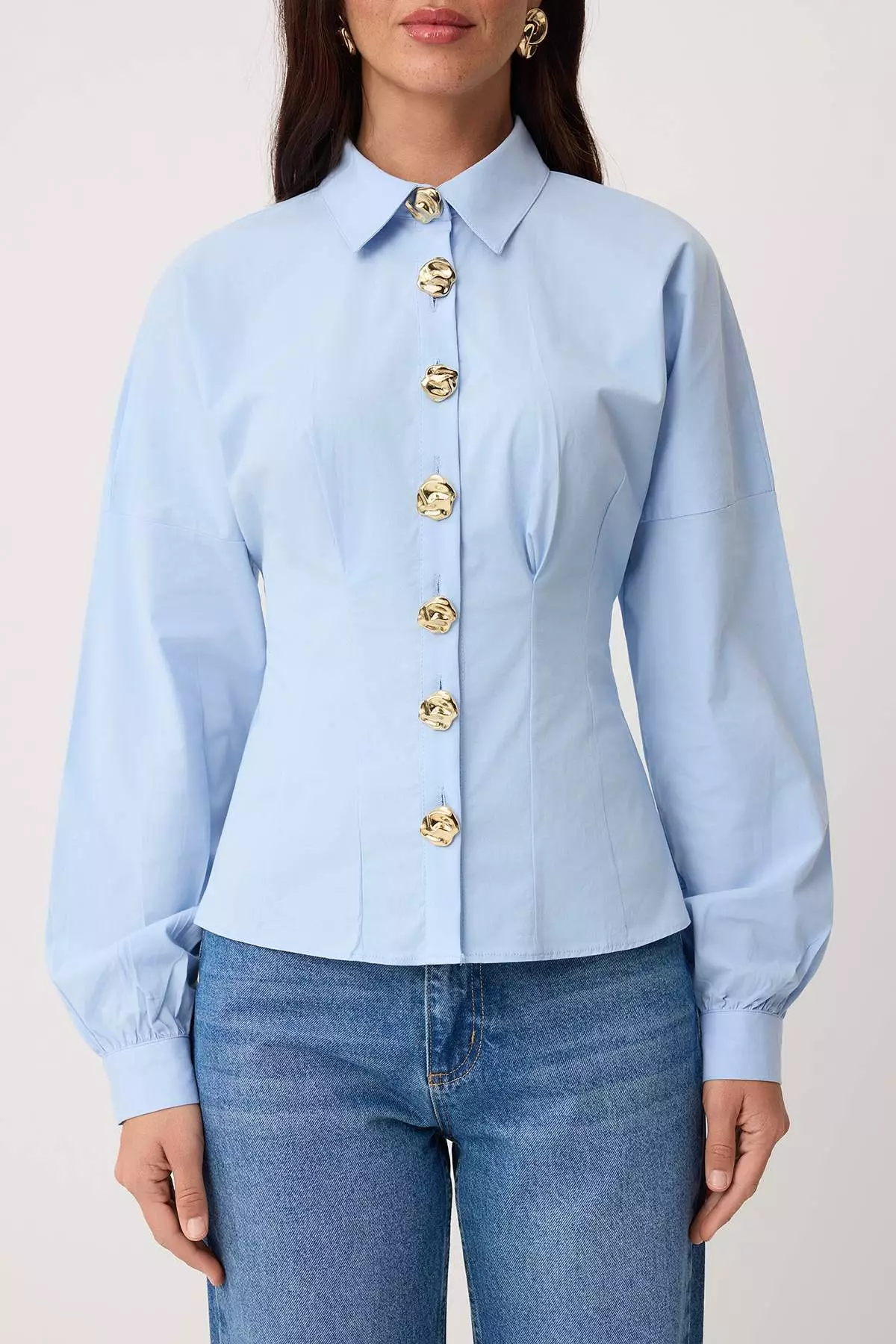Light Blue Gold Accessory Cotton Waist-Fitted Shirt Twoss26Go48