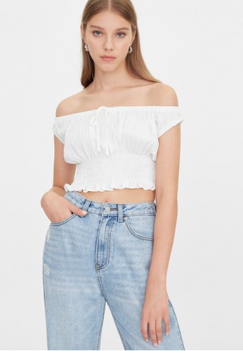 Jual Pomelo Off Shoulder Smock Crop Top Off White Original Zalora Indonesia