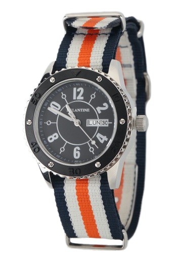 EGLANTINE 銀色 EGLANTINE®Vanessa女士精鋼石英手錶黑色錶盤，海軍藍色/白色/橙色NATO錶帶 C2187ACD9F8E4BGS_1