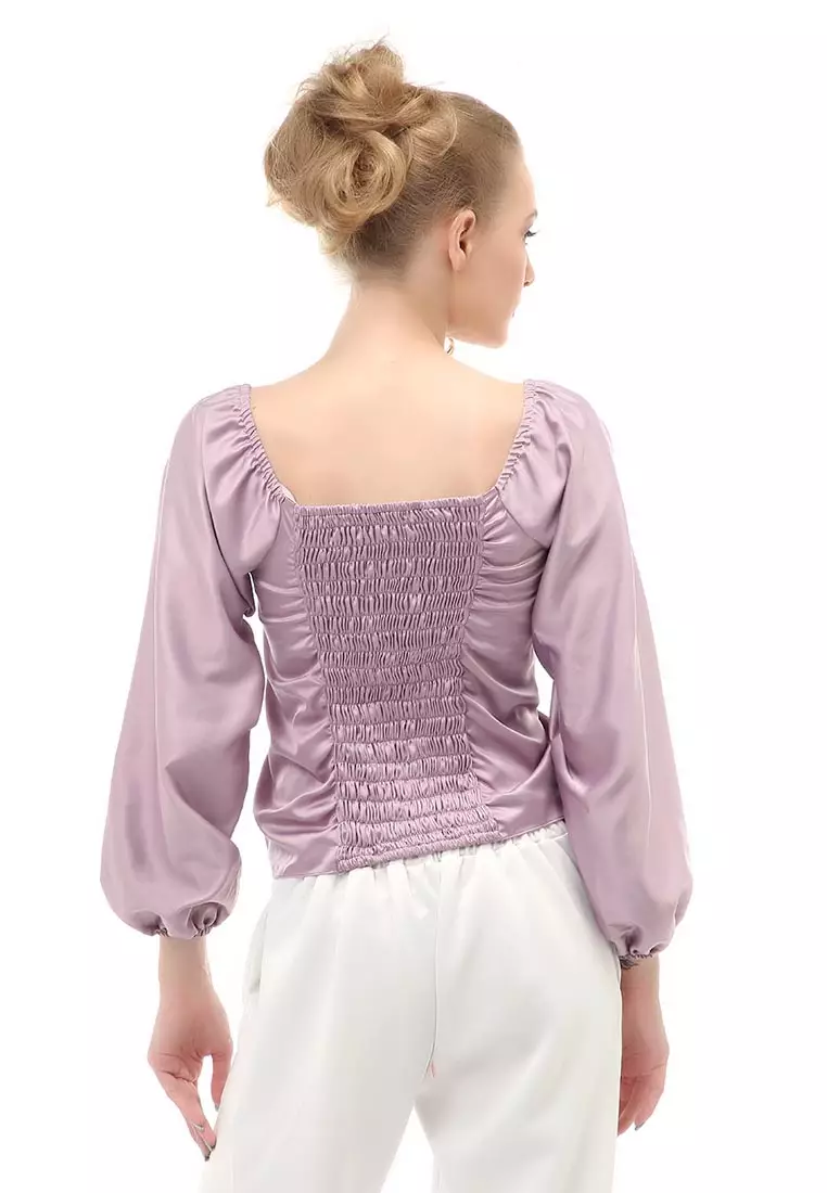 Cheva Blouse Casual Wanita Sabrina Kerut Dada Lengan Panjang Material Satin ORIGINAL - Lilac
