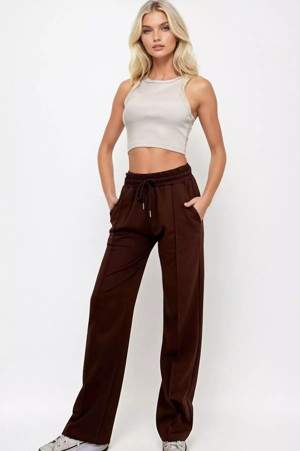 Brown Plain Regular Normal Waist Sweatpants