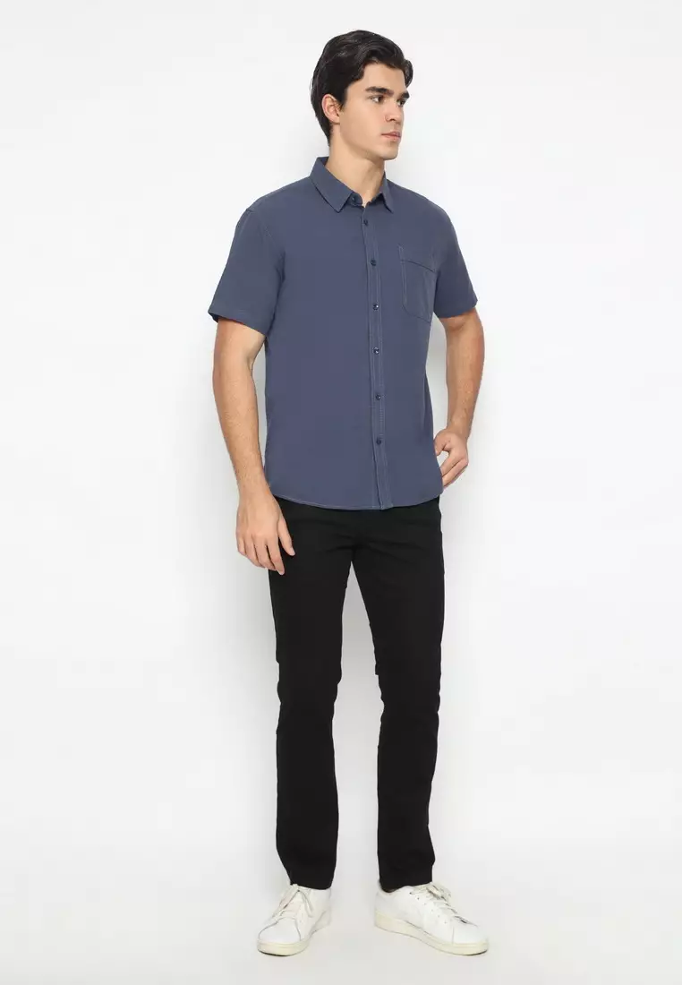 POLICE Kemeja Polos Cotton Abu Biru Regular Fit Pria