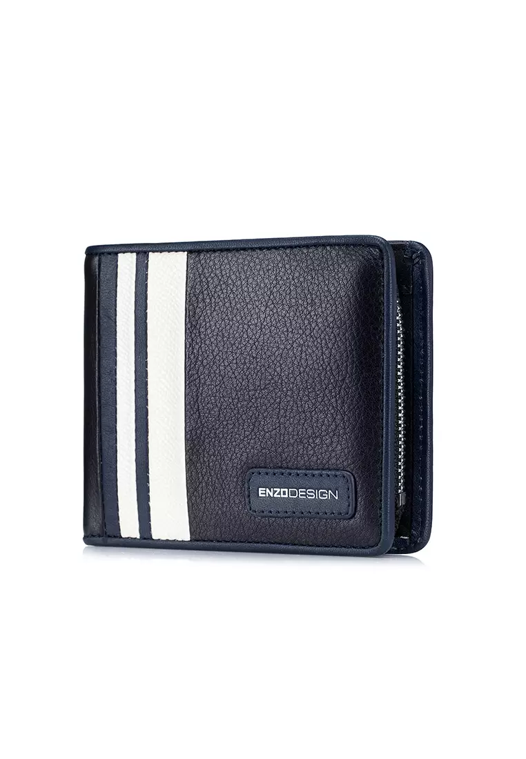 ENZODESIGN Modern Stripe Leather Wallet with Zip Coin Compartment
