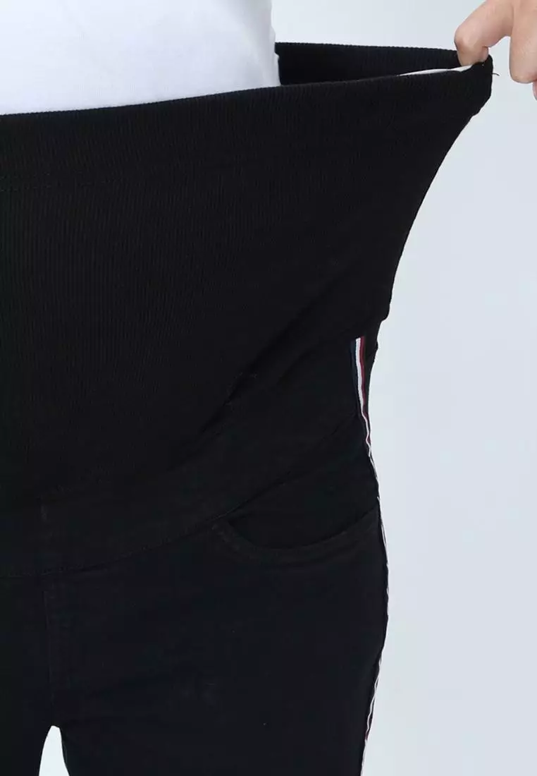Distress Taped Maternity Denims with Belly Support-Black