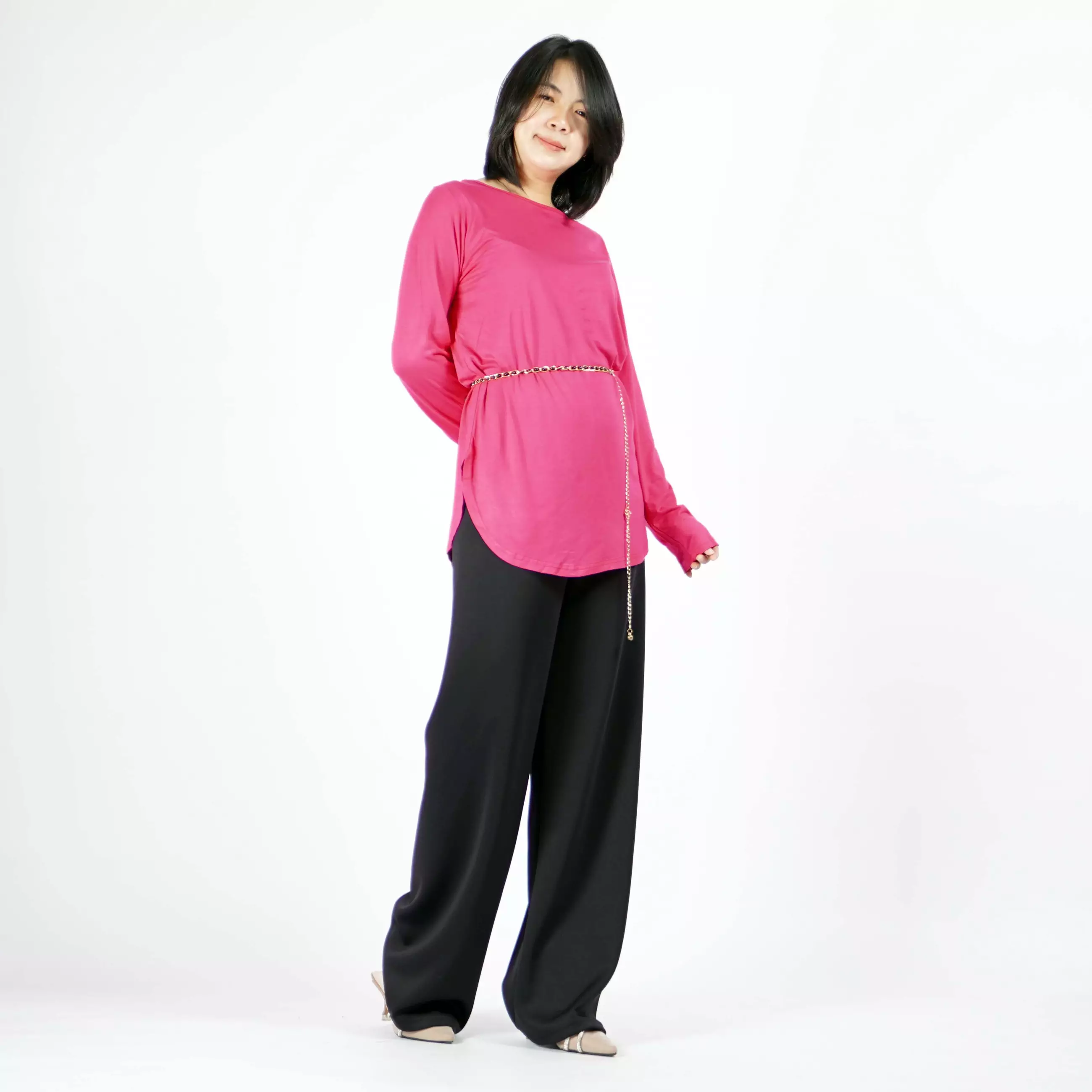  JASMINE TOP Tunik Polos Kaos Lengan Panjang Wanita Oversize TShirt - Fuchsia