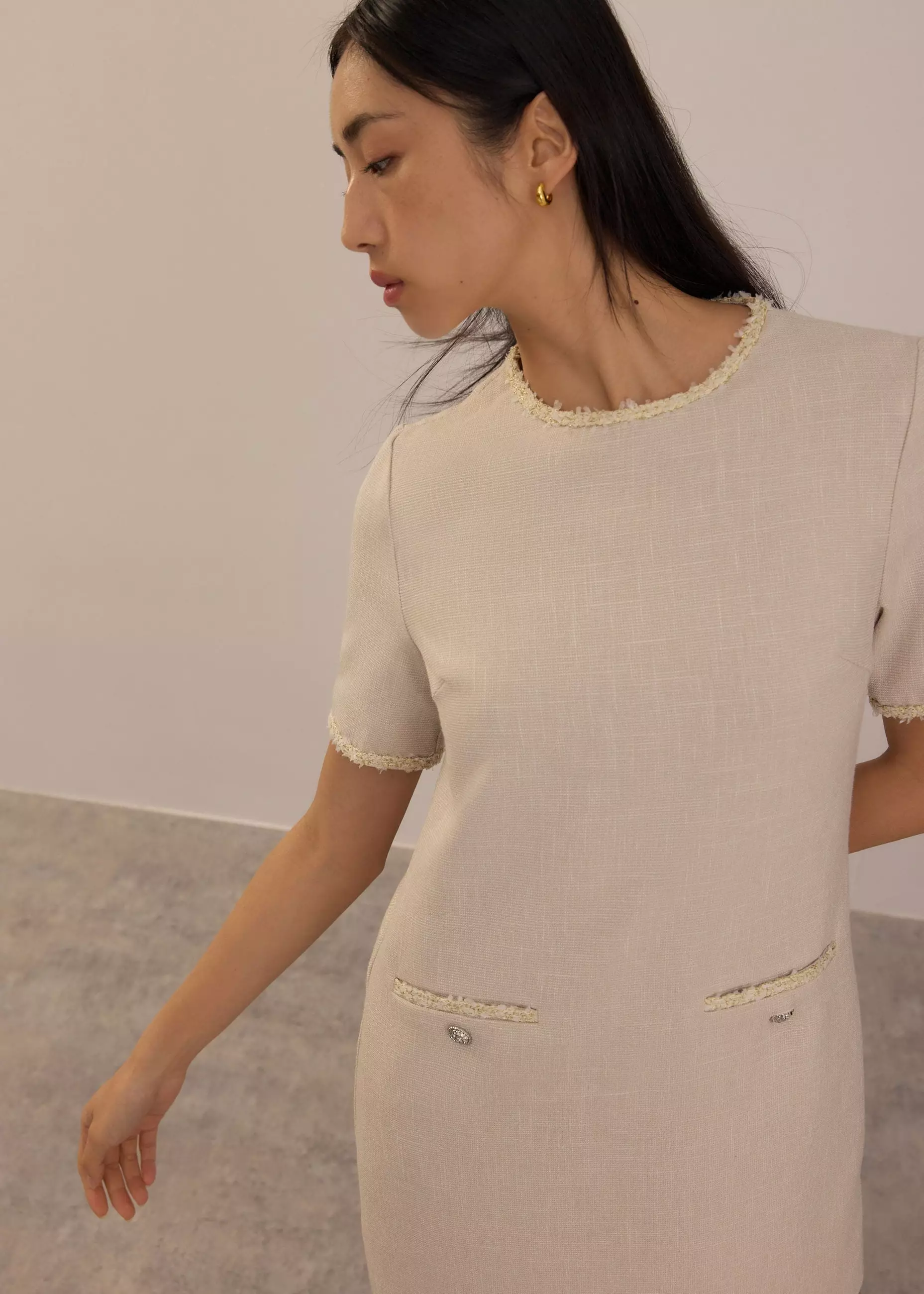 Dress Wanita - Tweed Round Neck Shift Mini Dress