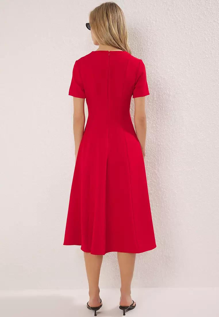 Red Skirt Waist Opening Midi Woven Dress Twoss25El00790