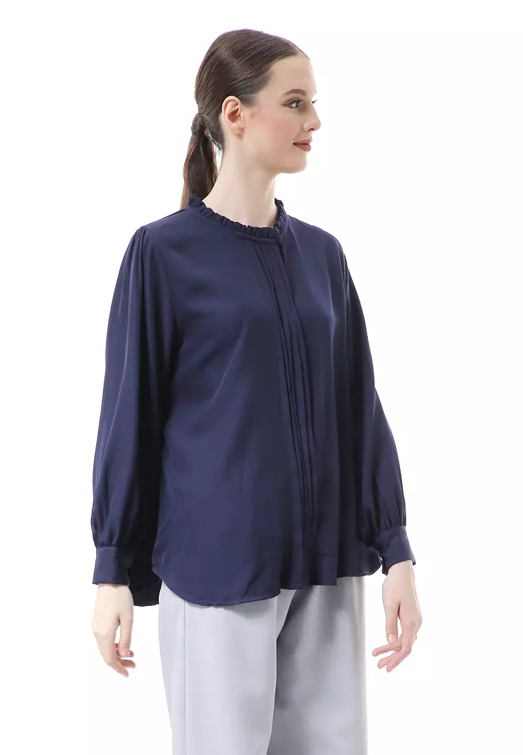 Vionka Kemeja Atasan Wanita Opnaisel Motif Polos - Navy