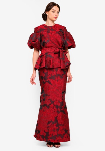 Scarlett Balloon Sleeve Kurung from Rizalman for Zalora in black and Red