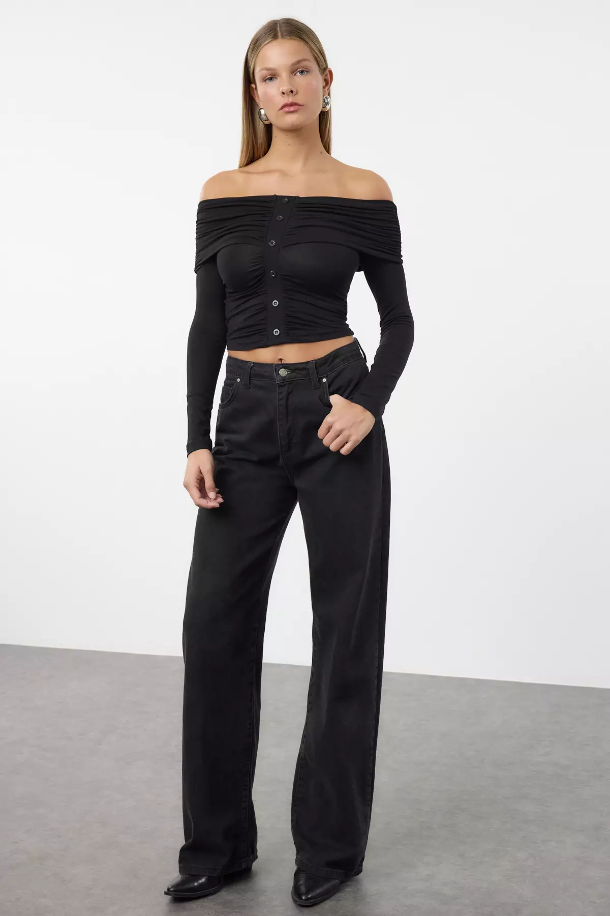 Black Gathered/Draped Detailed Button Detailed Carmen Collar Crop Knitted Blouse Twoaw25Bz00240