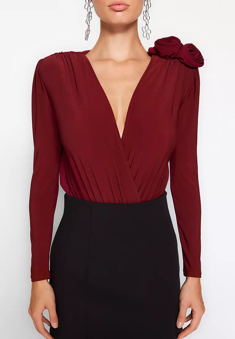 Buy Trendyol Double Breasted Collar Rose Accessory Bodysuit 2025