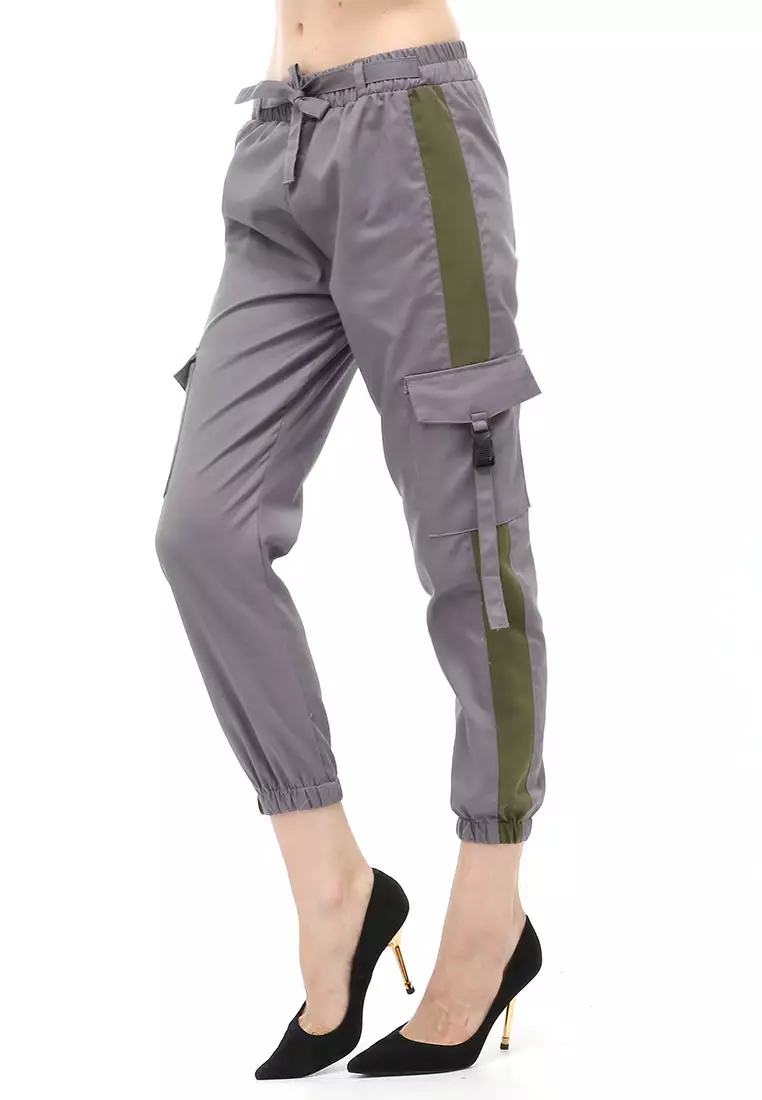 Jourel Celana Panjang Kasual Wanita Jogger Cargo Pants Plered Line Material Cotton ORIGINAL - Gray Army