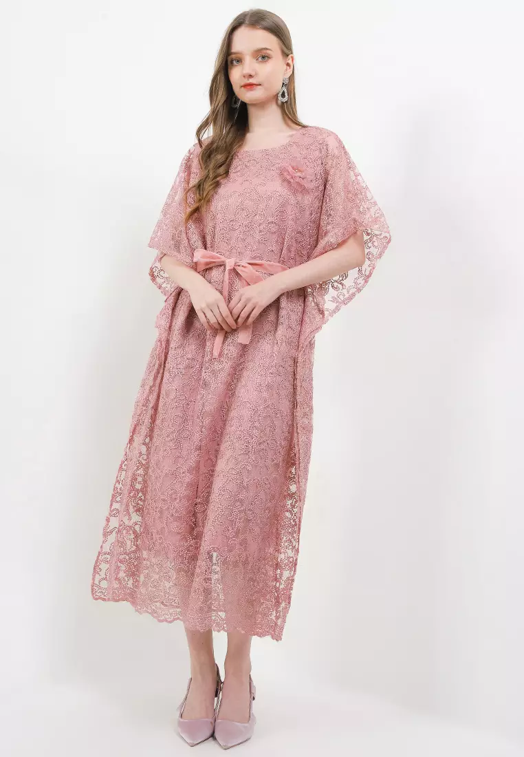 Belted Emb Tulle Batwing Kaftan W/ Corsage