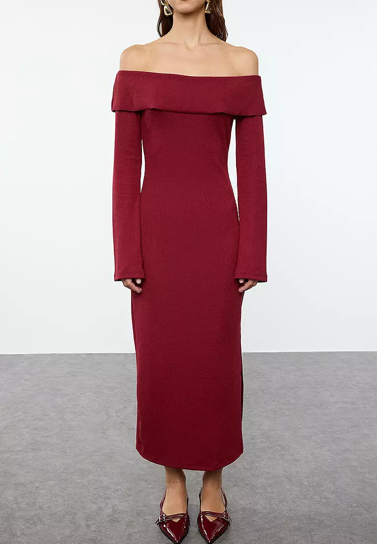 Fitted Off Shoulder Midi Dress