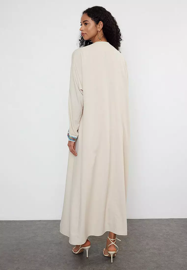 Stone Piping Detailed Woven Cape & Abaya & Kimono TCTSS24KF00033