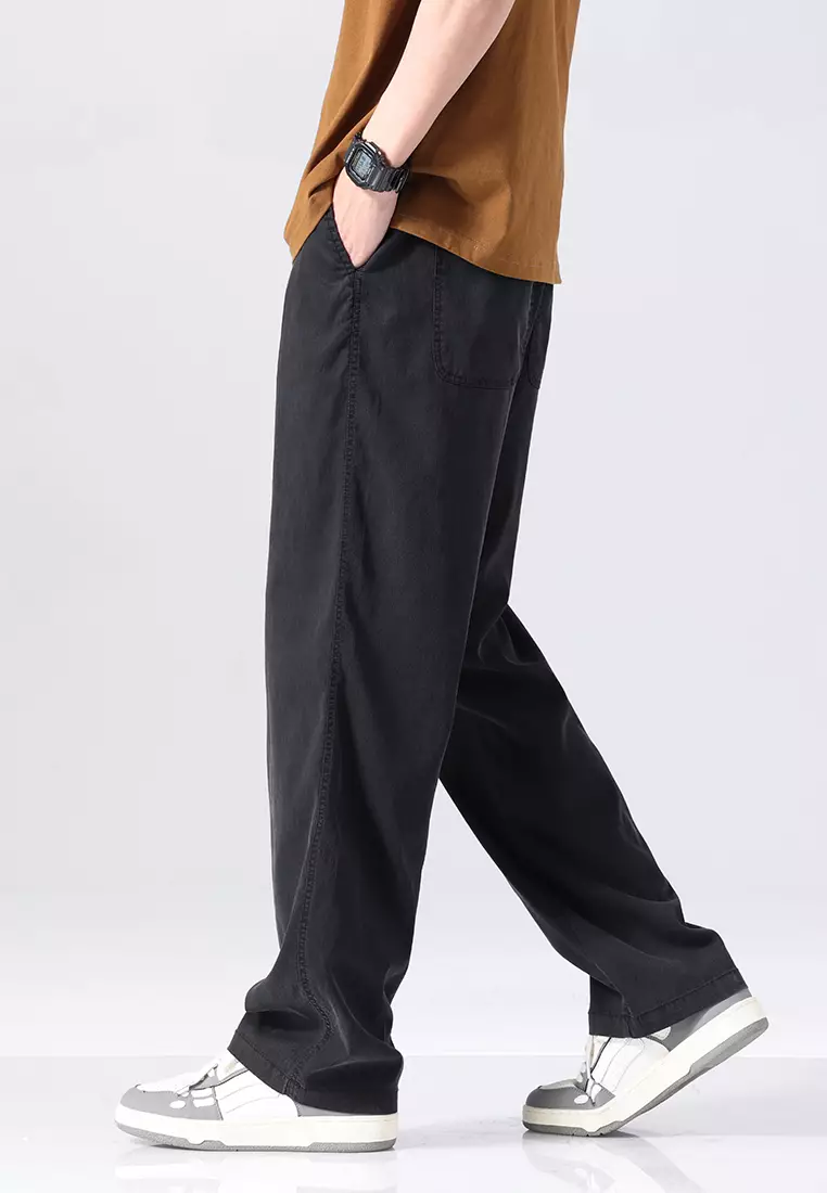 Buy OPCHIC Men's Casual Ice Silk Drawstring Loose Straight Pants