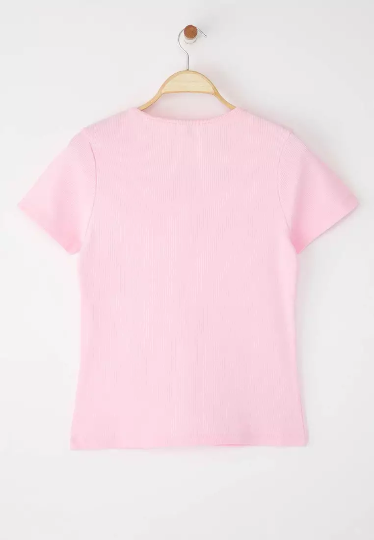 Pink Button Detailed Fitted Cord Knitted Large Size Blouse Tbbss25Af00060