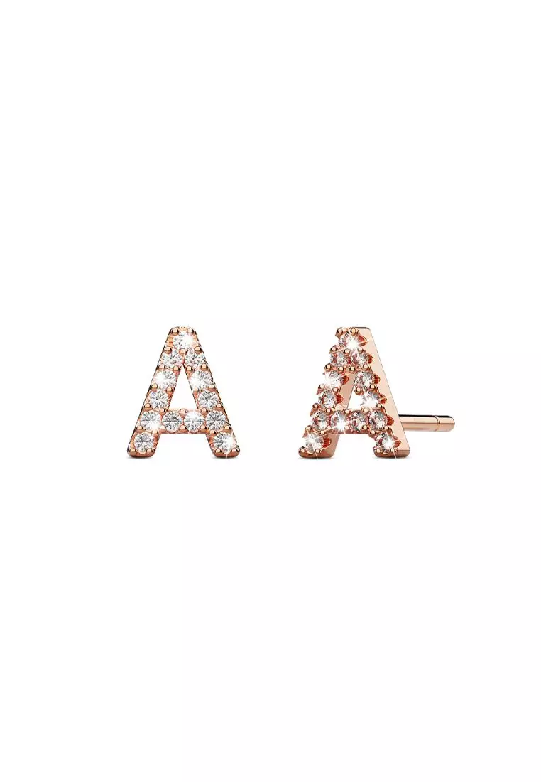 Solid 925 Sterling Silver Glamour Alphabet Letter Earrings Rose Gold - A