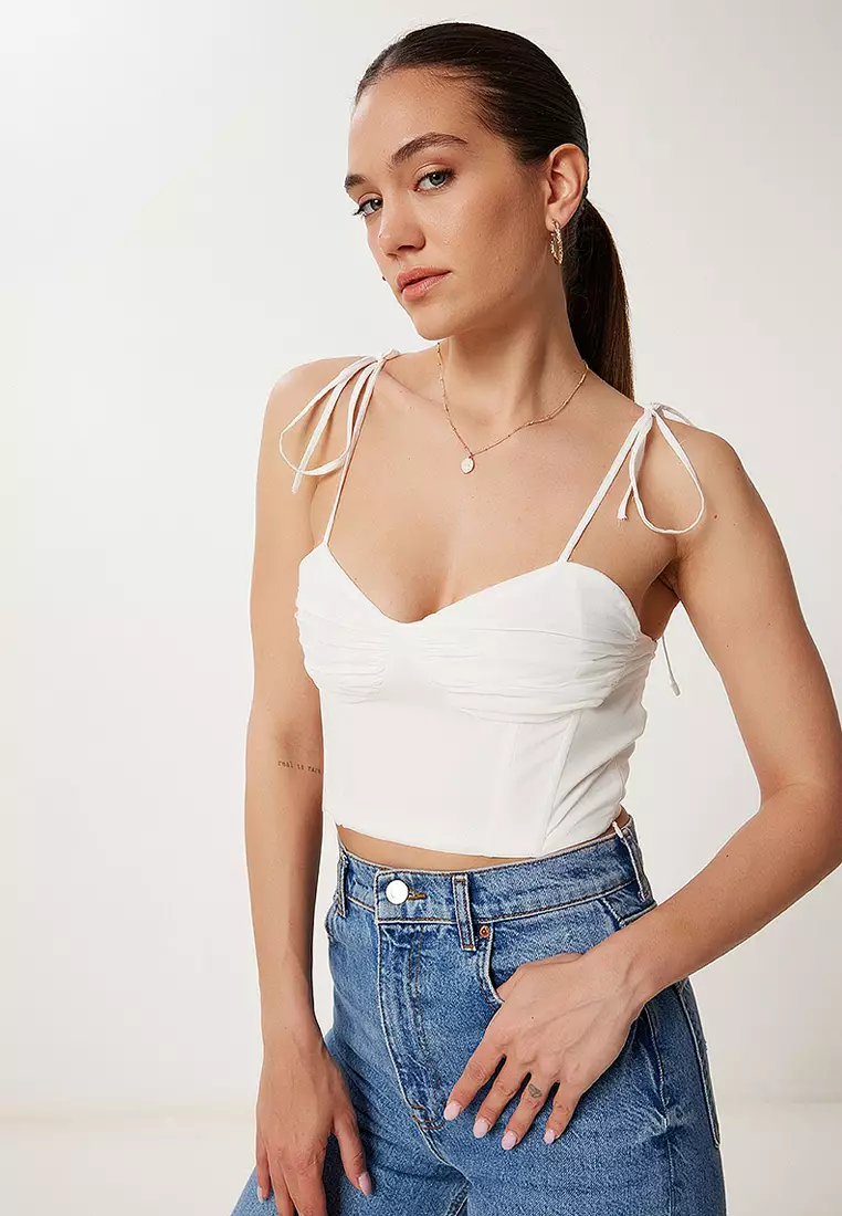 Drawstring Detailed Strappy Cotton Crop Bustier