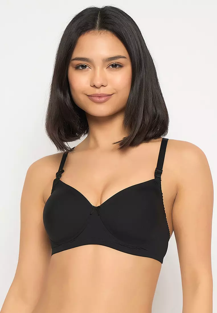 Clovia Padded Non-Wired Full Coverage Self-Striped Multiway T-shirt Bra in Black
