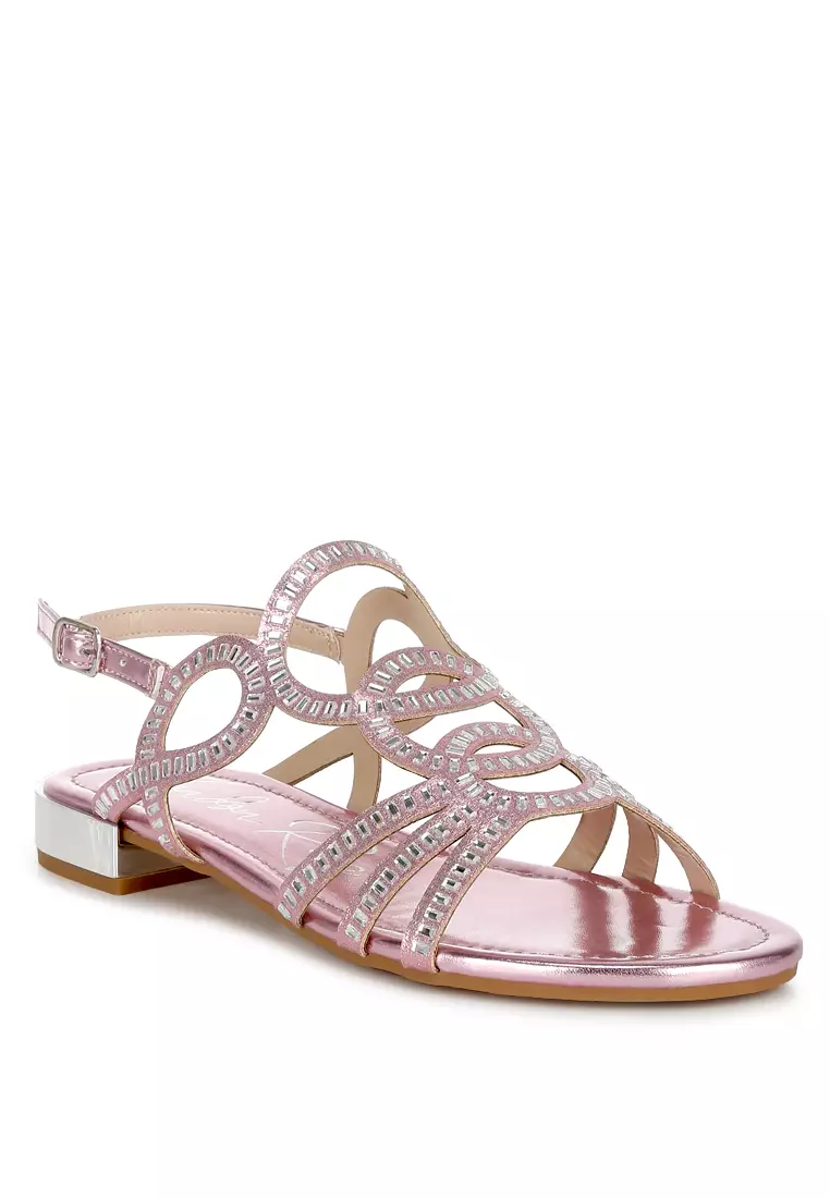 Sandal Datar Berlian Imitasi Detail Potongan Warna Pink