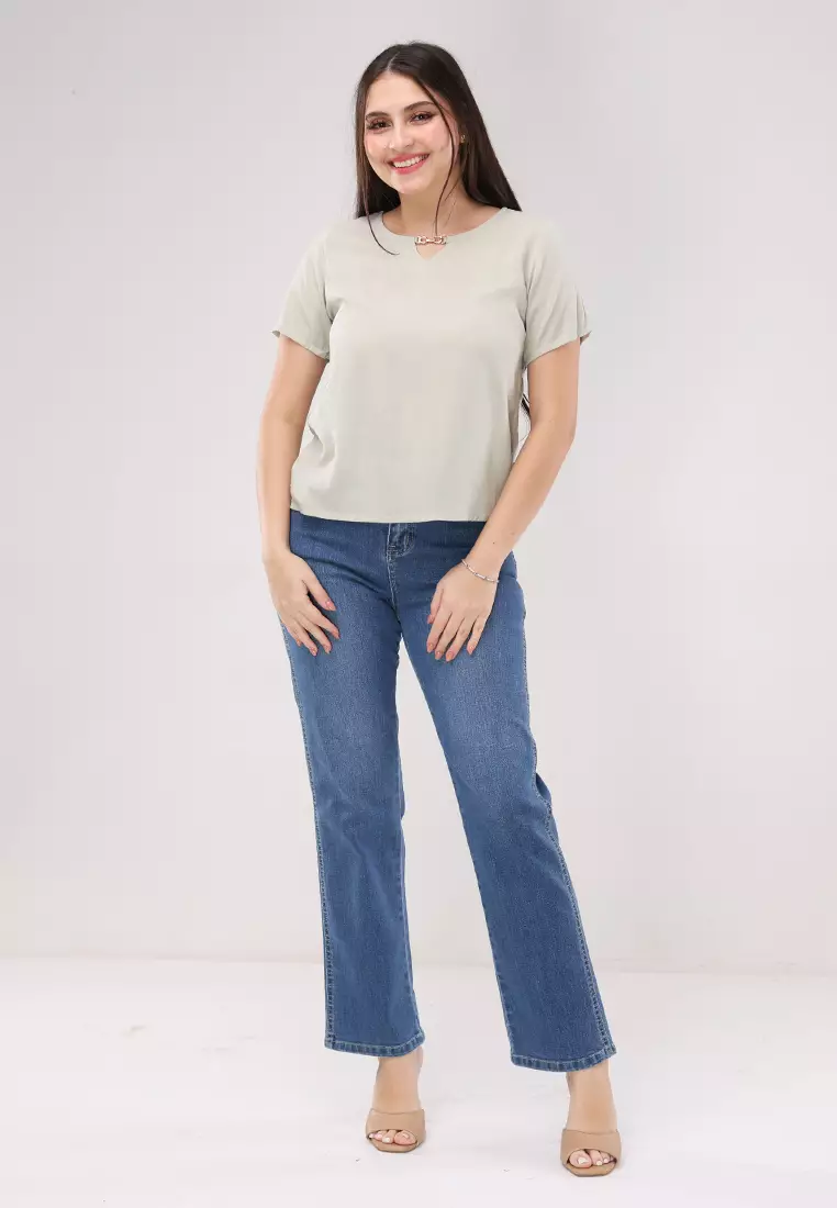 Woven Plain Rayon Short Sleeves Blouse