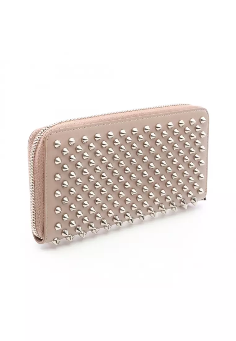 Pre-Loved CHRISTIAN LOUBOUTIN PANETTONE Panettone spike studs round zipper long wallet leather Gray beige